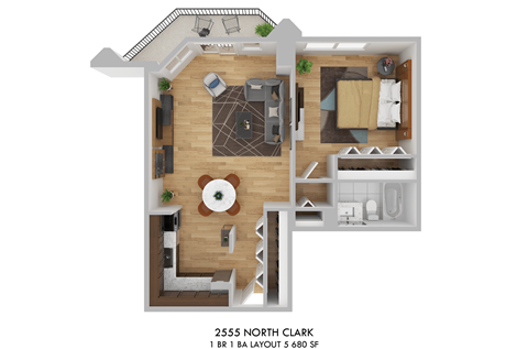 Floor plan for 1 bed, 1 bath, 680 sqft